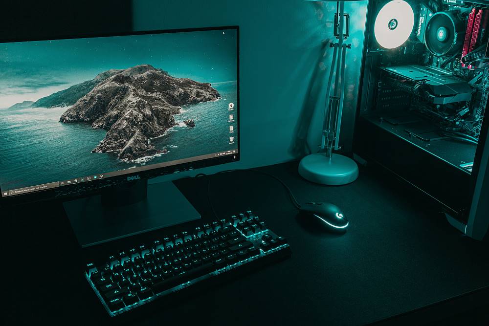 A desktop and keyboard 